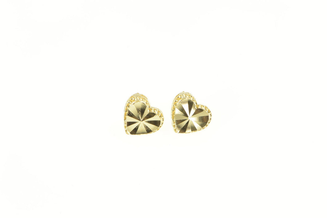 14K Heart Pleated Diamond Cut Love Symbol Stud Earrings Yellow Gold