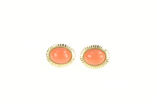 14K Oval Coral Cabochon Retro Classic Stud Earrings Yellow Gold