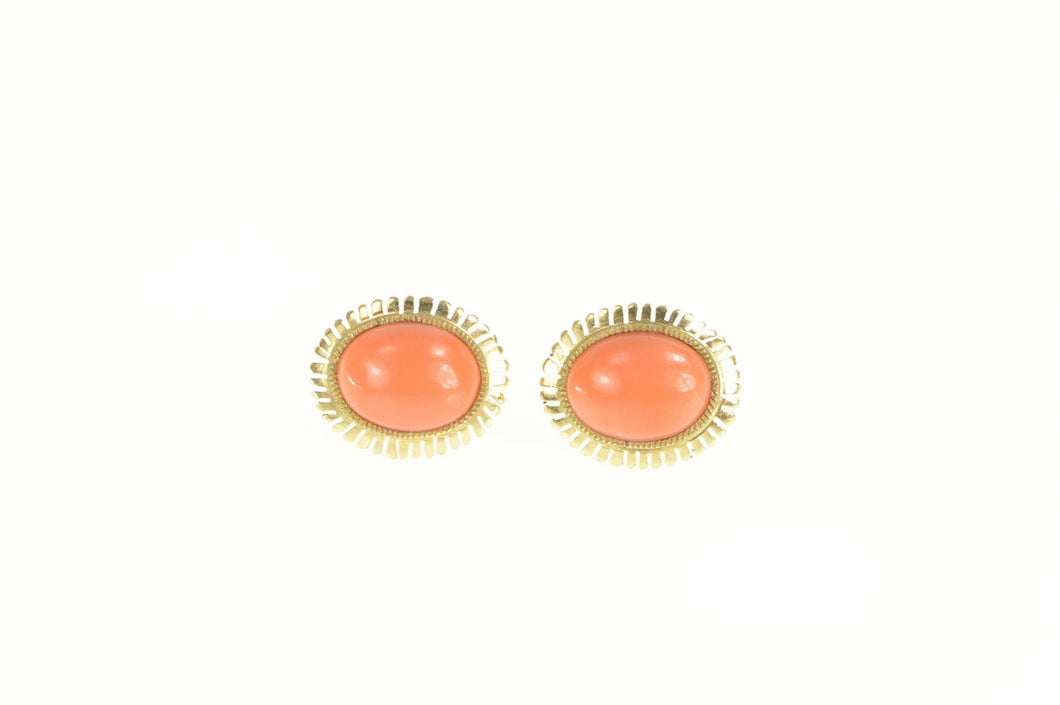 14K Oval Coral Cabochon Retro Classic Stud Earrings Yellow Gold