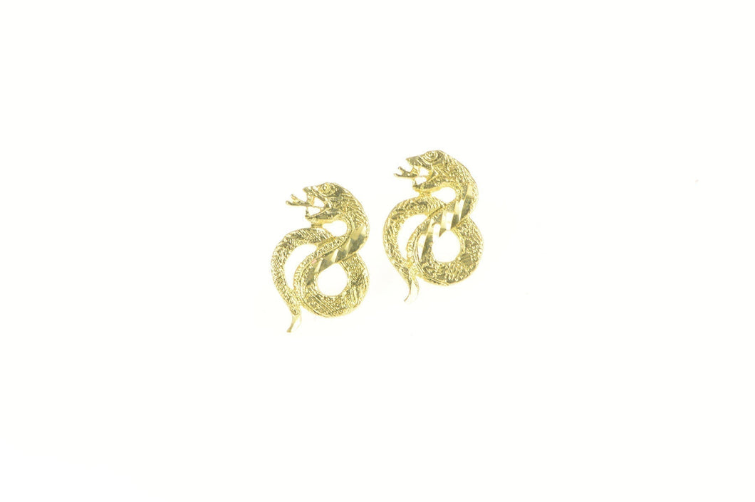 14K Snake Serpent Dragon Etched Stud Earrings Yellow Gold