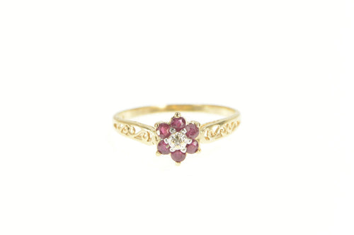 10K Diamond Ruby Halo Flower Cluster Scroll Band Ring Yellow Gold