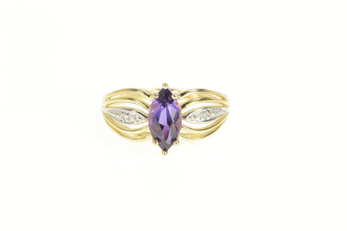 10K Marquise Amethyst Diamond Accent Statement Ring Yellow Gold