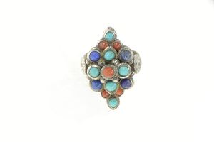 Sterling Silver Turquoise Coral Lapis Lazuli Round Elaborate Ring
