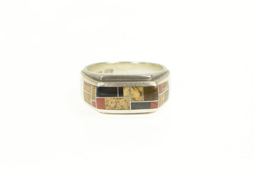 Sterling Silver Jasper Black Onyx Squared Inlay Men's Ring
