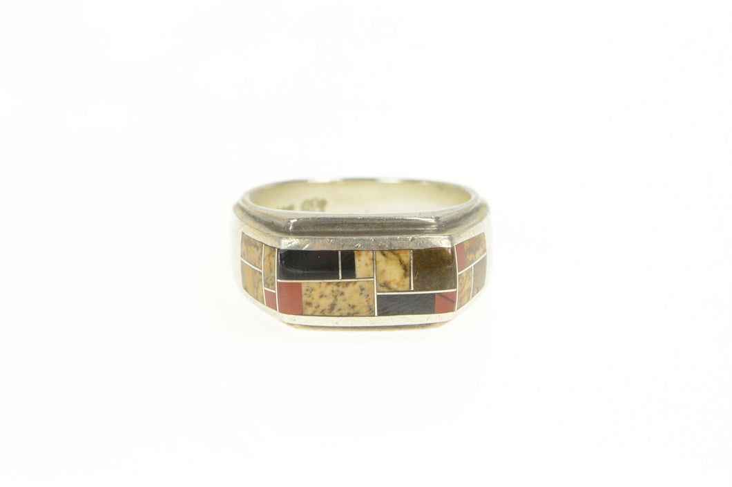 Sterling Silver Jasper Black Onyx Squared Inlay Men's Ring