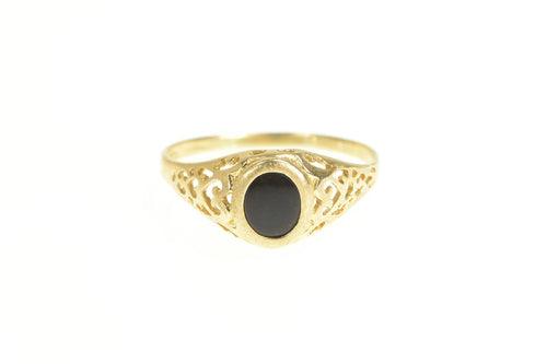 14K Oval Black Onyx Scroll Filigree Statement Ring Yellow Gold