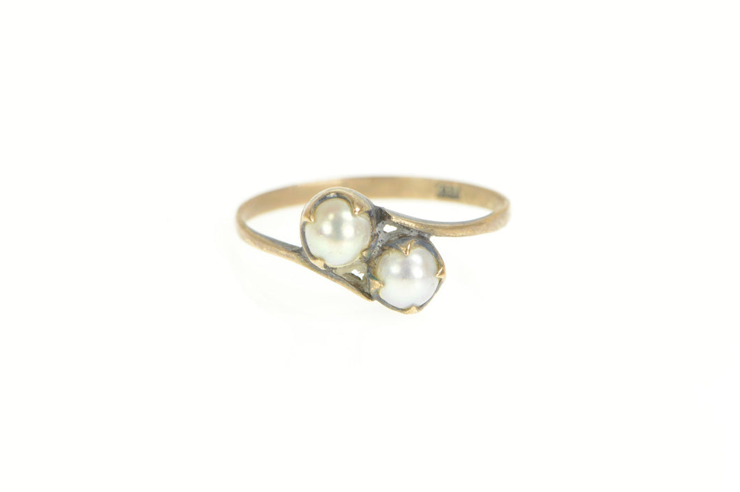14K Victorian Pearl Two Stone Classic Bypass Ring Yellow Gold