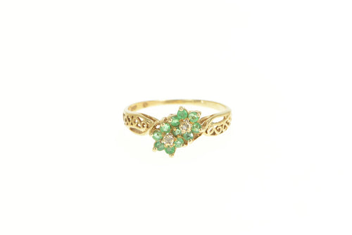 10K Emerald Diamond Accent Flower Cluster Bypass Ring Yellow Gold