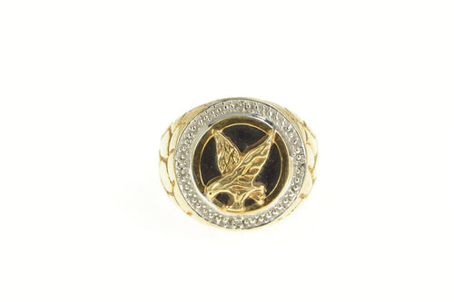 10K Black Onyx Eagle Overlay Diamond Accent Ring Yellow Gold
