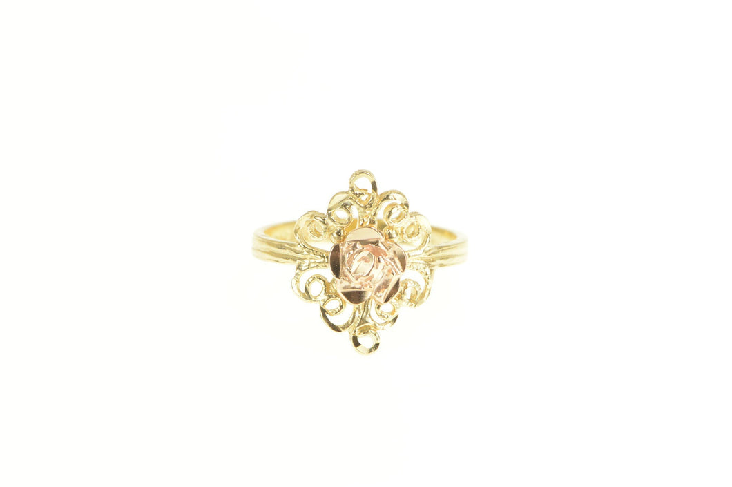 14K Rose Flower Two Tone Filigree Statement Ring Yellow Gold