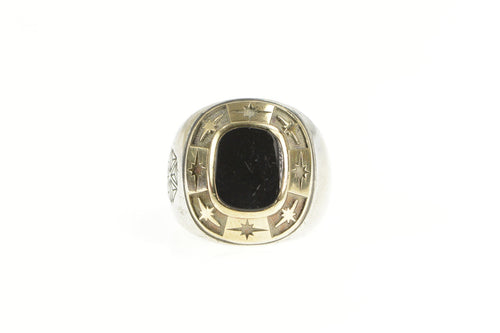 Sterling Silver Two Tone 14K Gold Star Pattern Black Onyx Ring
