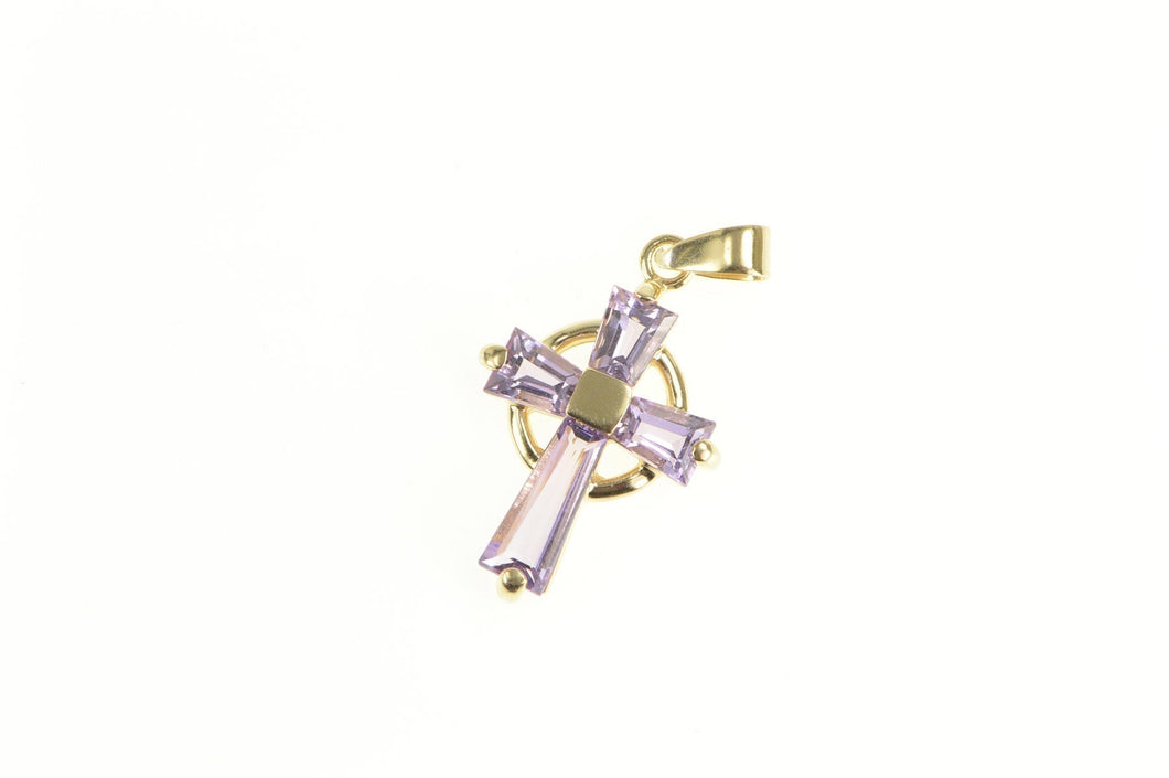 14K Baguette Amethyst Cross Christian Faith Symbol Pendant Yellow Gold