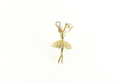 14K 3D Retro Pearl Ballerina Ballet Dancer Charm/Pendant Yellow Gold