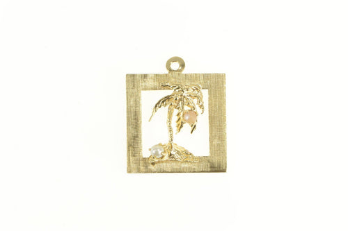 14K Squared Retro Palm Tree Pearl Tropical Charm/Pendant Yellow Gold