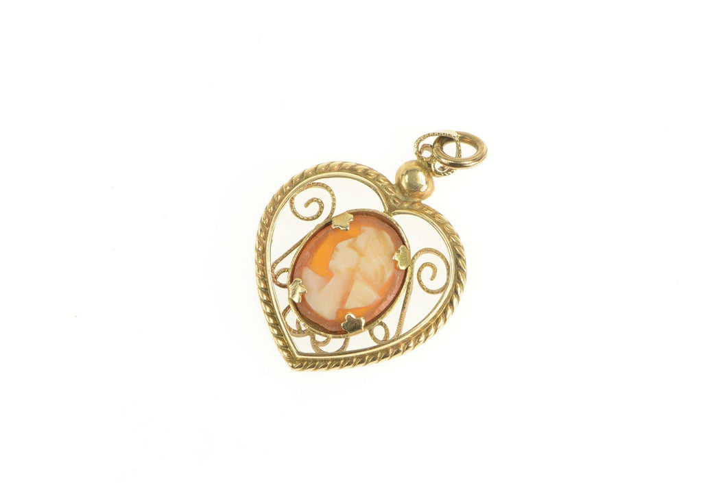 14K Retro Carved Shell Cameo Ornate Heart Filigree Pendant Yellow Gold