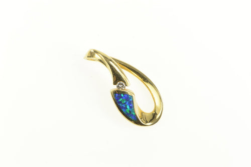 14K Diamond Black Opal Wavy Loop Statement Pendant Yellow Gold
