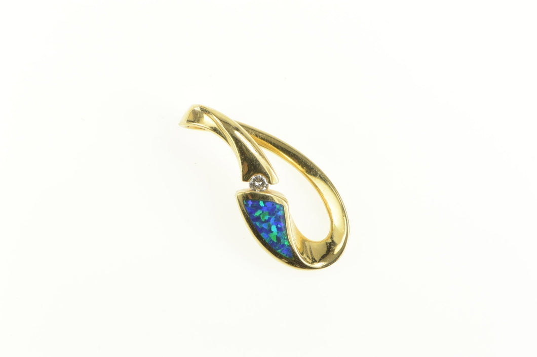 14K Diamond Black Opal Wavy Loop Statement Pendant Yellow Gold