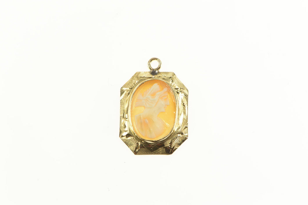 14K Ornate Carved Lady Shell Cameo Charm/Pendant Yellow Gold