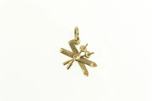 14K 3D Crossed Skis Skier Winter Sport Charm/Pendant Yellow Gold