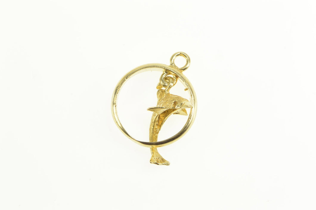 14K 3D Dolphin Jumping Through Ring Circle Pendant Yellow Gold