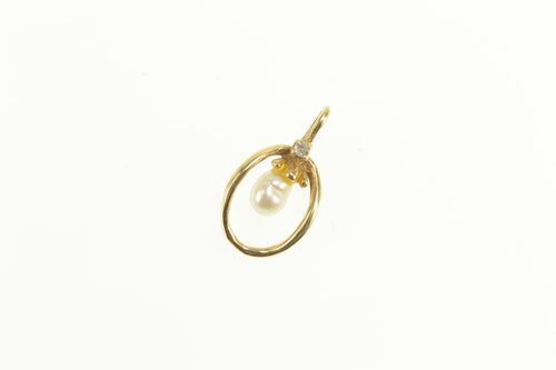 14K Retro Pearl Diamond Accent Oval Statement Pendant Yellow Gold