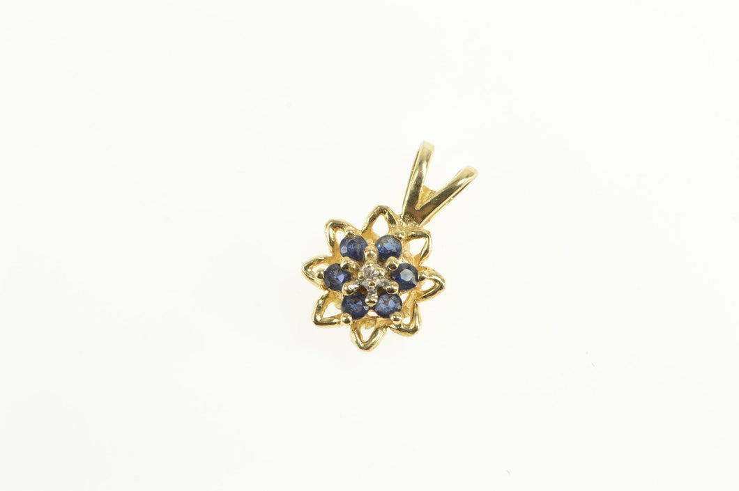 14K Diamond Sapphire Halo Flower Cluster Pendant Yellow Gold
