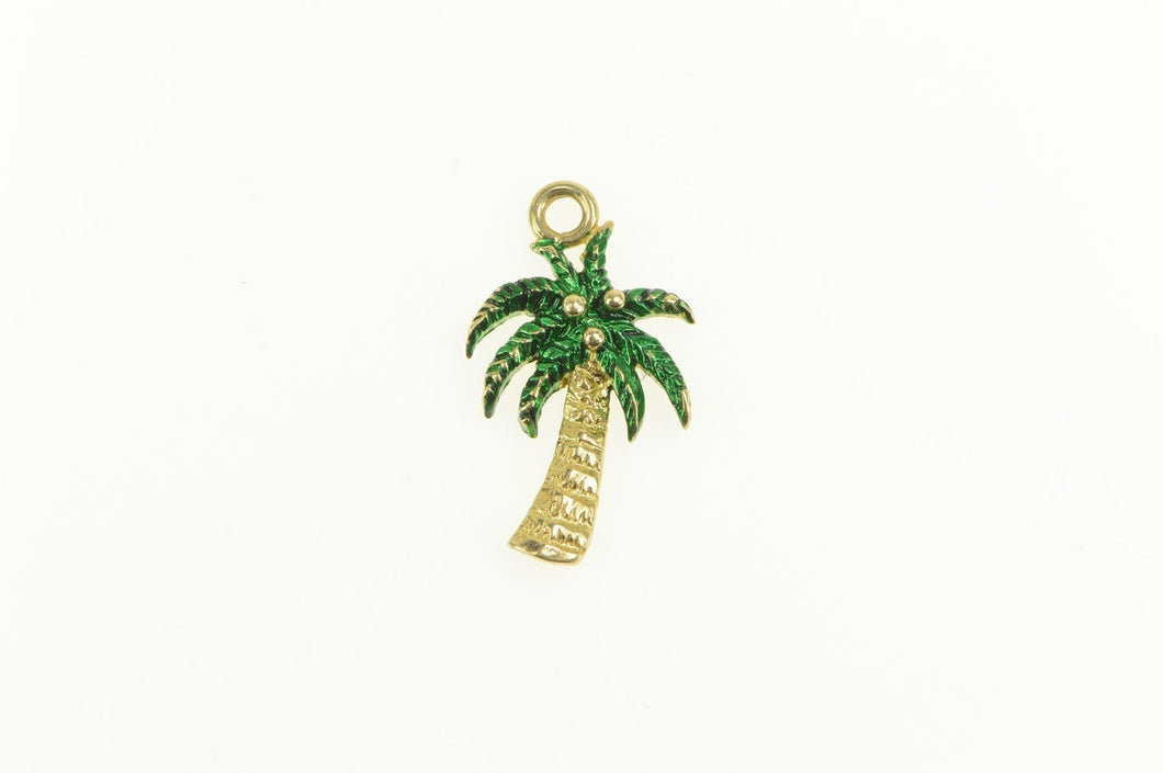 14K Green Enamel Palm Tree Tropical Motif Charm/Pendant Yellow Gold