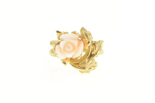 14K 1960's Carved Coral Rose Vine Bridal Set Ring Yellow Gold