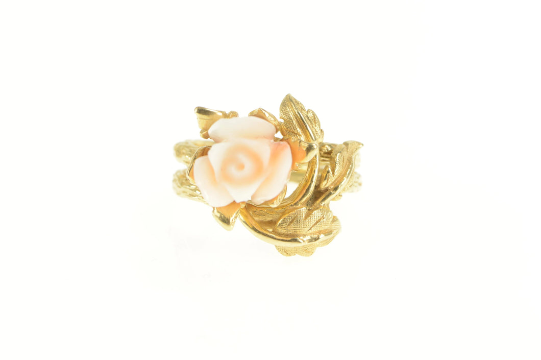 14K 1960's Carved Coral Rose Vine Bridal Set Ring Yellow Gold