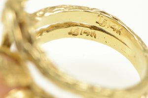 14K 1960's Carved Coral Rose Vine Bridal Set Ring Yellow Gold
