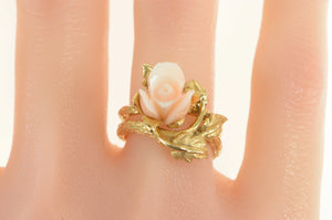 14K 1960's Carved Coral Rose Vine Bridal Set Ring Yellow Gold