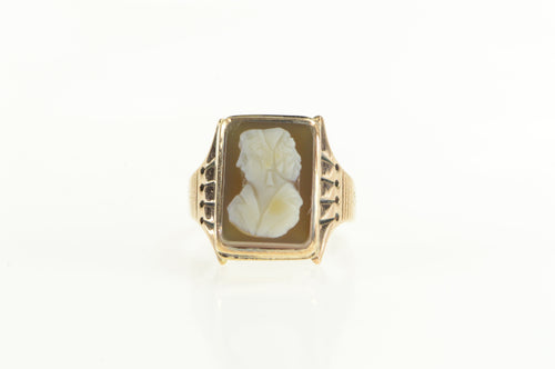 14K Ornate Carved Coral Shell Cameo Statement Ring Yellow Gold