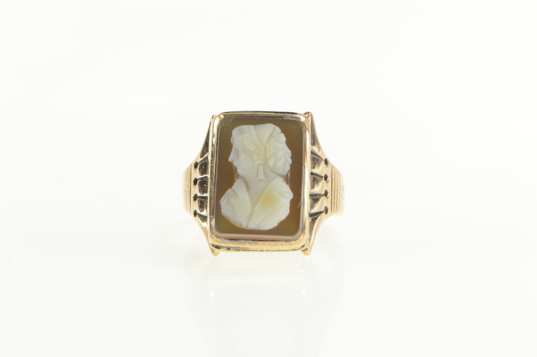 14K Ornate Carved Coral Shell Cameo Statement Ring Yellow Gold
