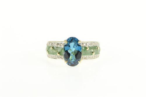 14K Oval London Blue Topaz Diamond Green Enamel Ring Yellow Gold