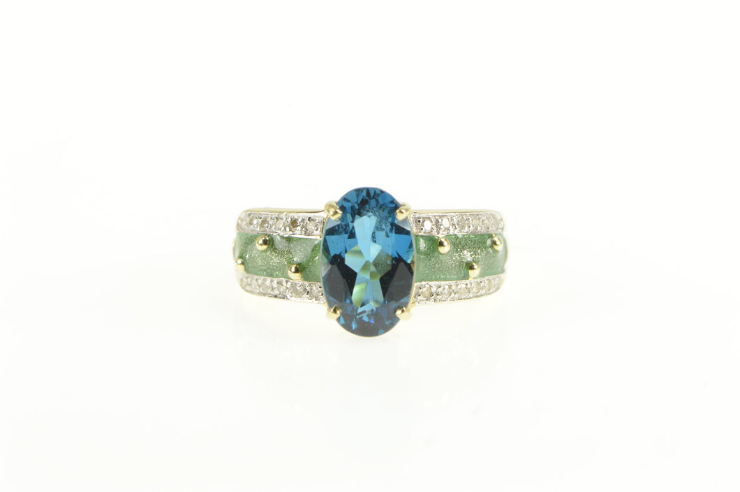14K Oval London Blue Topaz Diamond Green Enamel Ring Yellow Gold