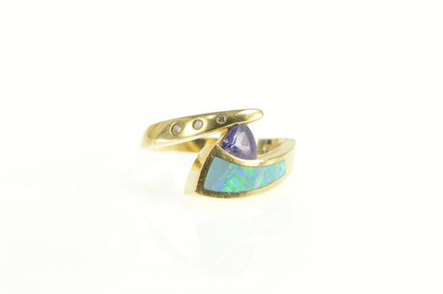 14K Tanzanite Black Opal Diamond Geometric Ring Yellow Gold