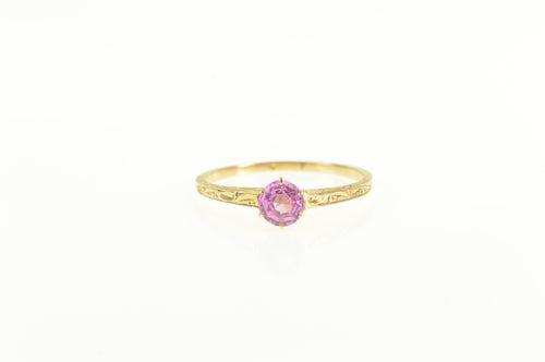 14K Art Deco Pink Sapphire Etched Statement Ring Yellow Gold
