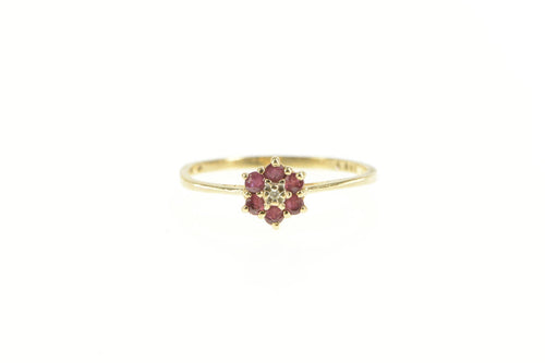 10K Diamond Ruby Flower Halo Cluster Promise Ring Yellow Gold