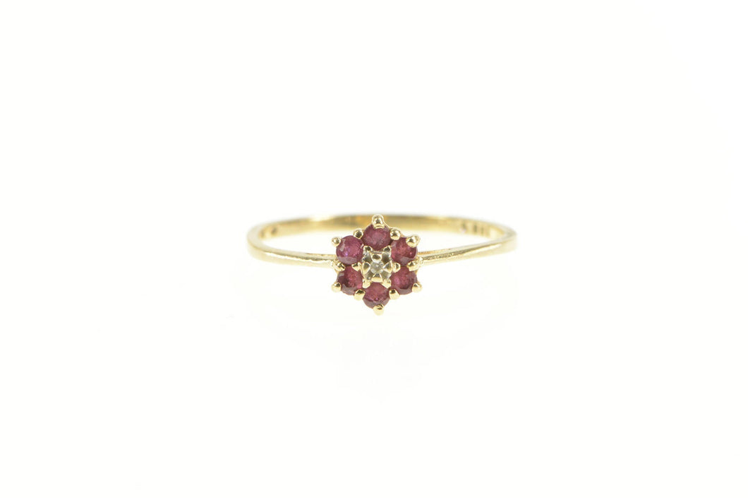 10K Diamond Ruby Flower Halo Cluster Promise Ring Yellow Gold
