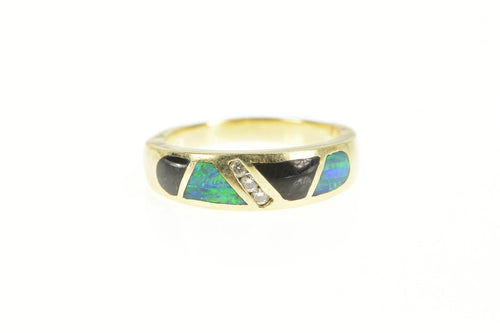 14K Diamond Black Opal & Onyx Inlay Band Ring Yellow Gold