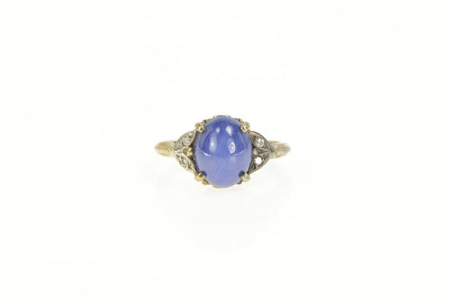 14K Oval Syn. Blue Star Sapphire Diamond Retro Ring White Gold