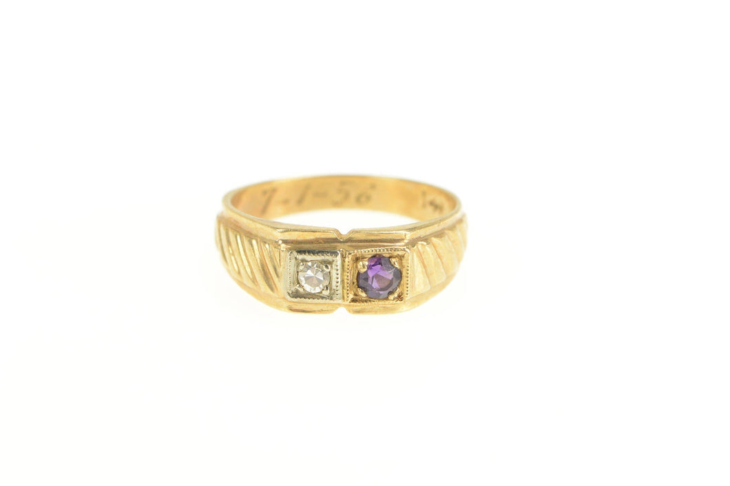 14K 1950's Sapphire Diamond Squared Statement Ring Yellow Gold