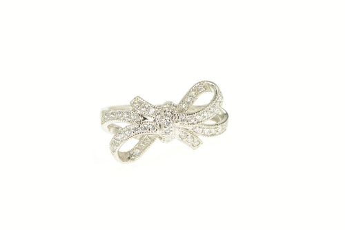 14K Pave Encrusted Bow Ribbon Promise Statement Ring White Gold