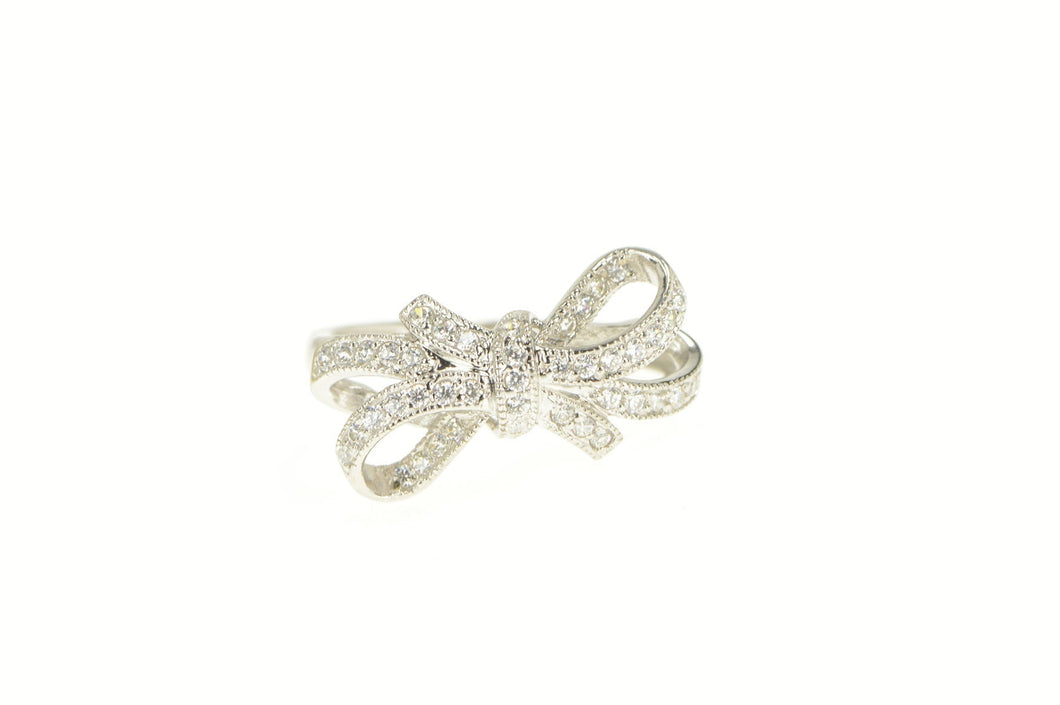 14K Pave Encrusted Bow Ribbon Promise Statement Ring White Gold