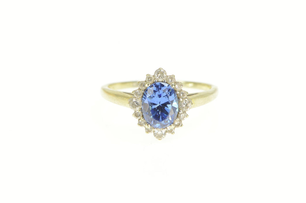 14K Oval Syn. Tanzanite Halo Travel Engagement Ring White Gold