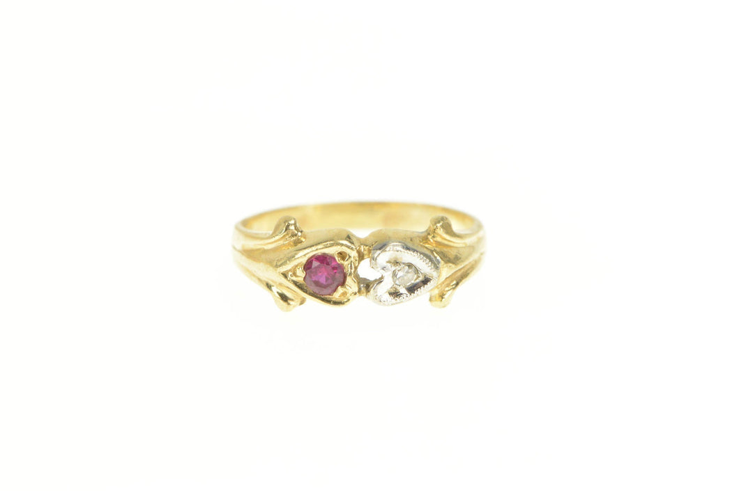 14K 1930's Diamond Syn. Ruby Heart Child's Baby Ring Yellow Gold