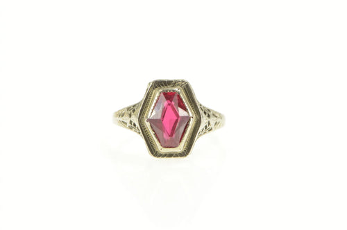 14K Art Deco Filigree Syn. Ruby Statement Ring White Gold