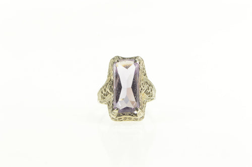 14K Art Deco Amethyst Ornate Filigree Statement Ring White Gold