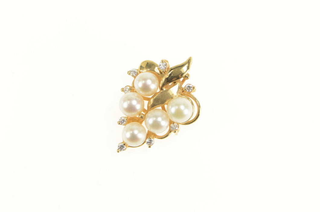 14K Pearl Grape Cluster Diamond Accent Leaf Pendant Yellow Gold