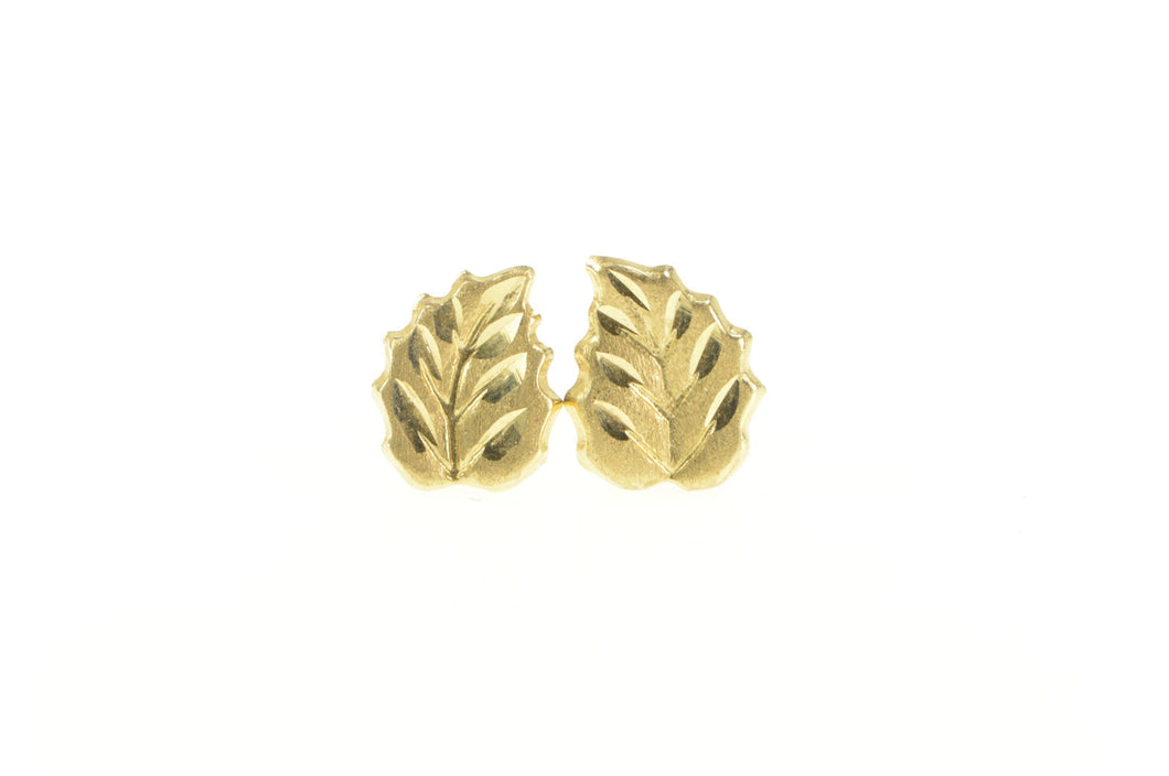 14K Diamond Cut Leaf Nature Motif Stud Earrings Yellow Gold